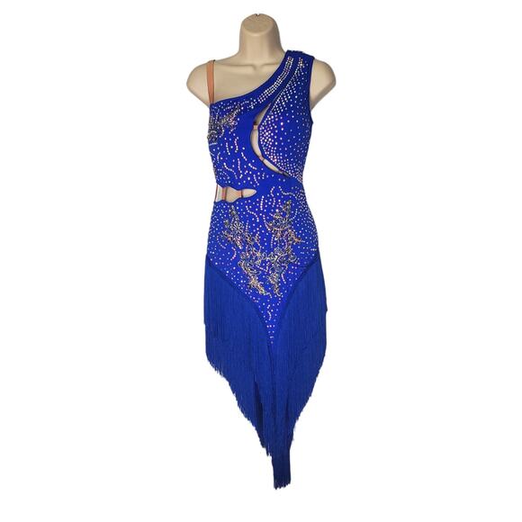 Fringe Latin Dance Dress Ballroom Performance Dancewear Royal Blue Tango Size XL - Picture 1 of 10